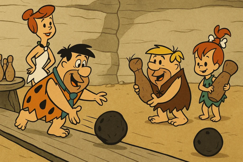 Comicfiguren aus Familie Feuerstein beim prähistorischen Bowling mit Holzkeulen und Stein-Kugel